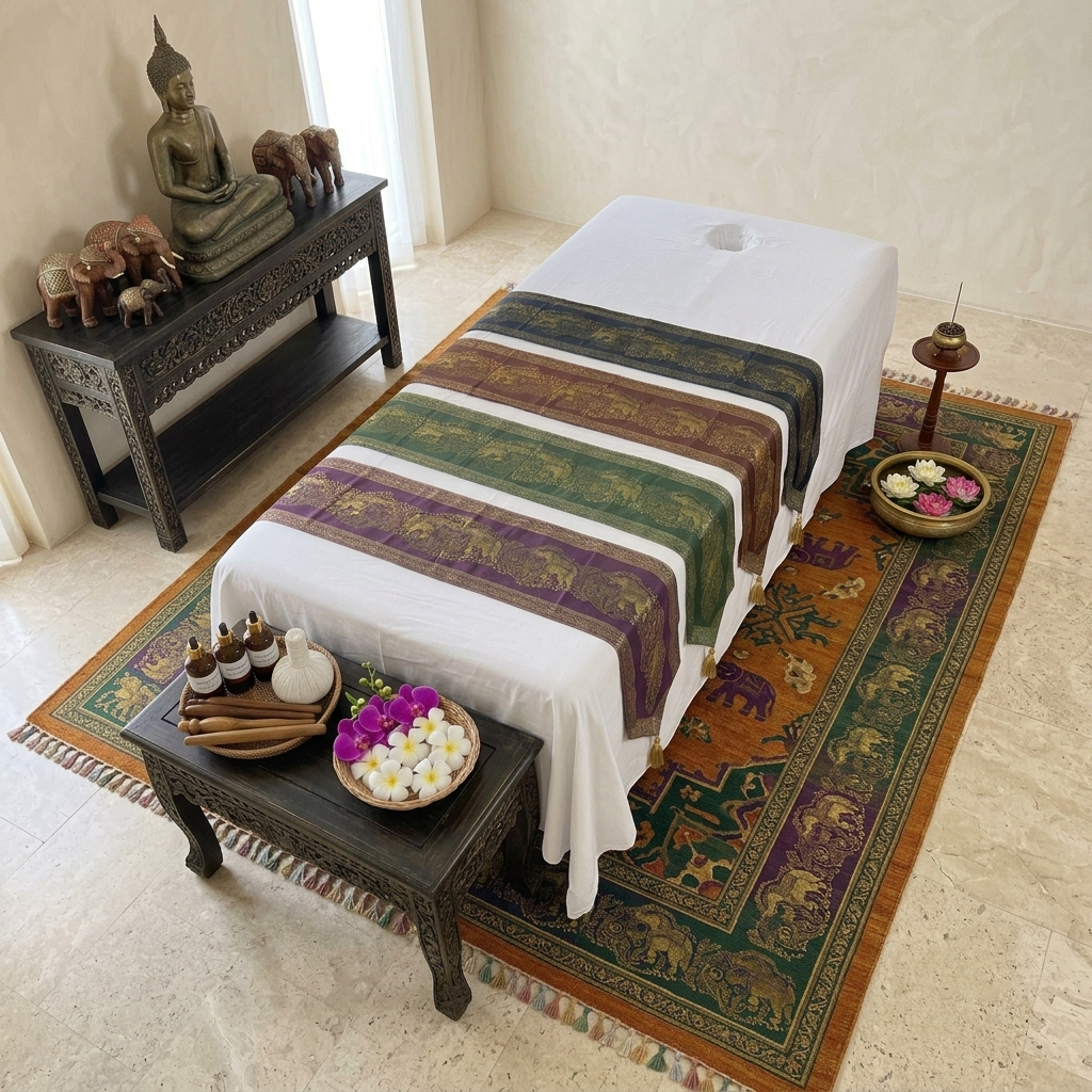 Thai Massage Table Runner Small Elephant Gold Floral Fringe Decorations
